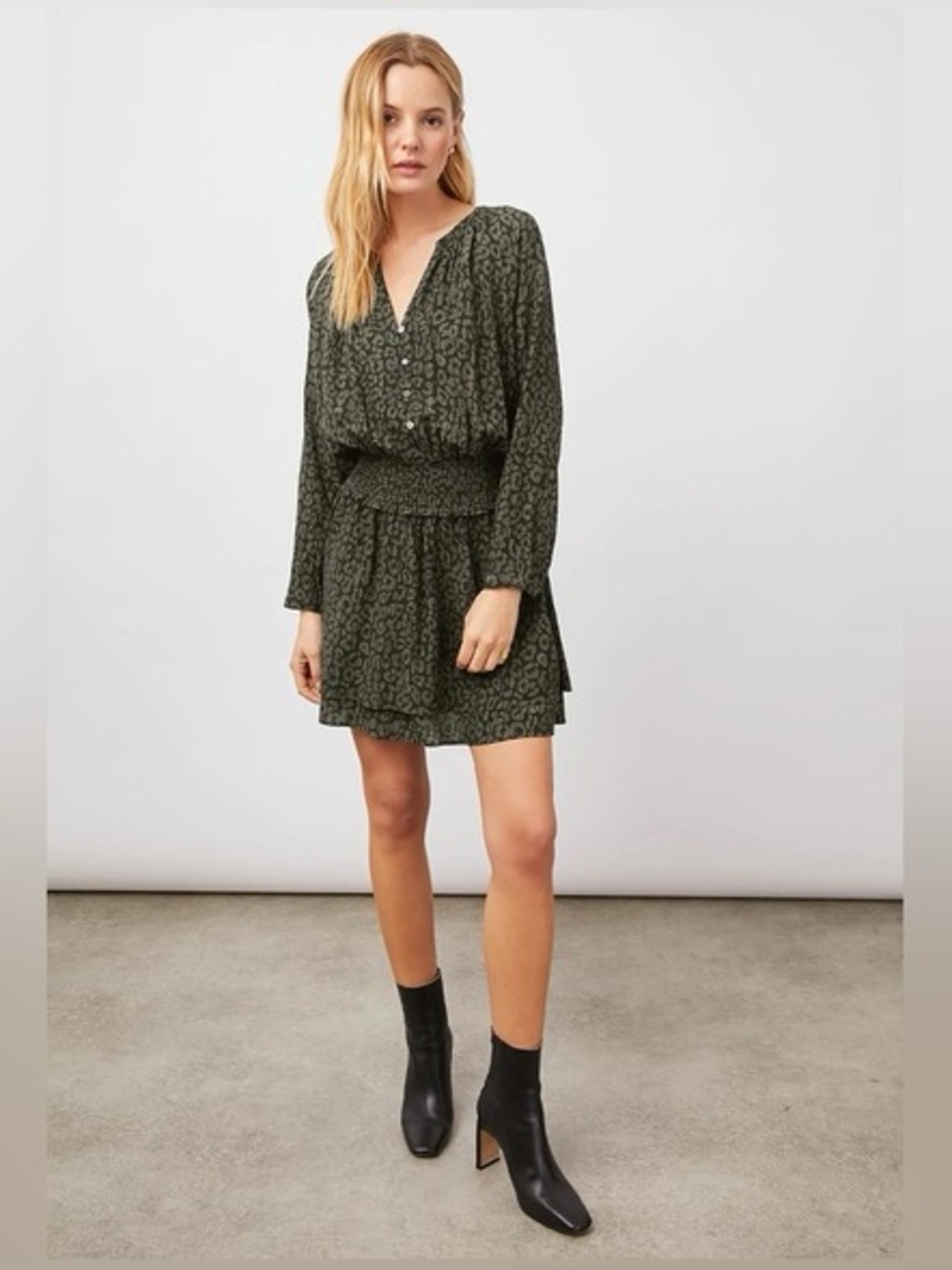 Rails Jasmine Olive Batik Cheetah Print Button Front Long Sleeve Mini Dress
